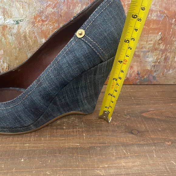 MIU MIU Peep Toe Blue Denim Wedge Heels w/Leather Bow - Picture 8 of 13